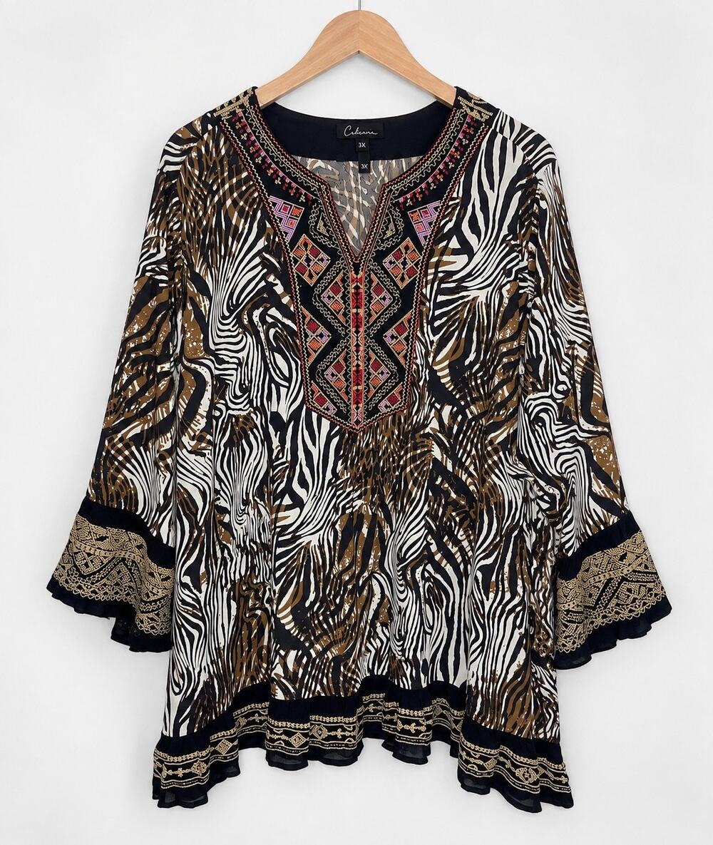 Calessa 3X Zebra Animal Print Embroidered Tunic Top Boho Black Brown Plus Size